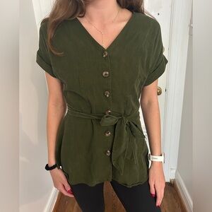 Ann Taylor Women's Olive Green Button-Front Belted Top